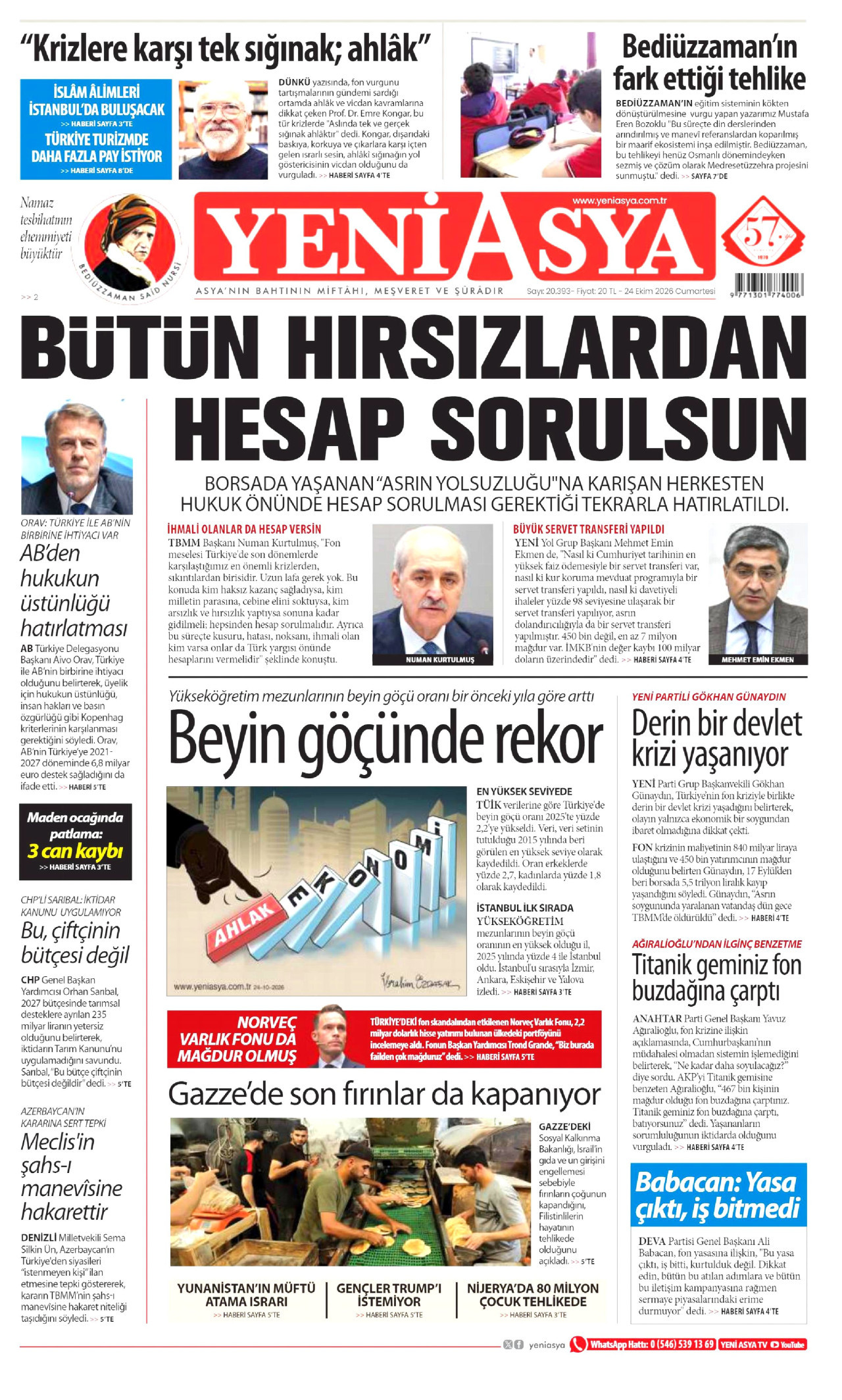 Yeni Asya Gazetesi gazetesi manşeti